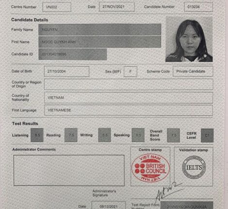 Chứng chỉ Nguyễn Ngọc Quỳnh Anh với điểm thi IELST 7.5